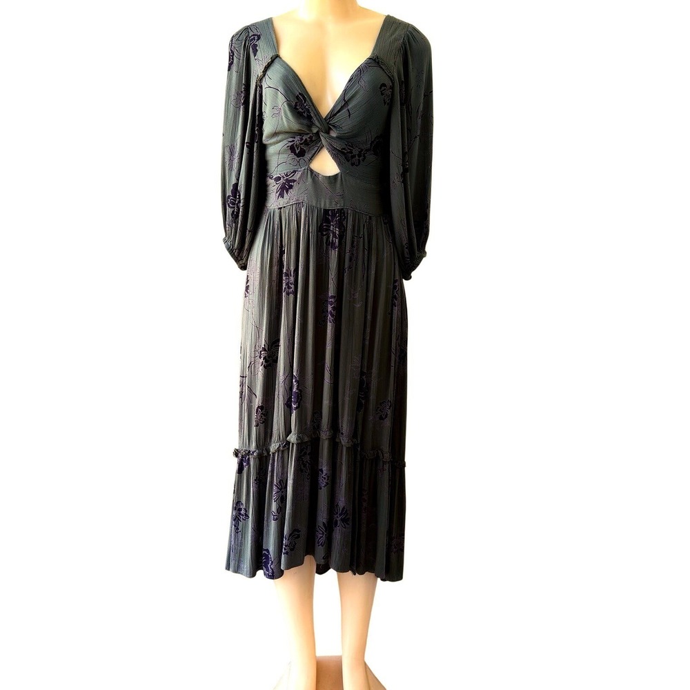 Angie Midi Dress Size M Olive Green Boho/Festival3/4 Sleeve Tiered Gypsy V-Neck - Picture 3 of 11